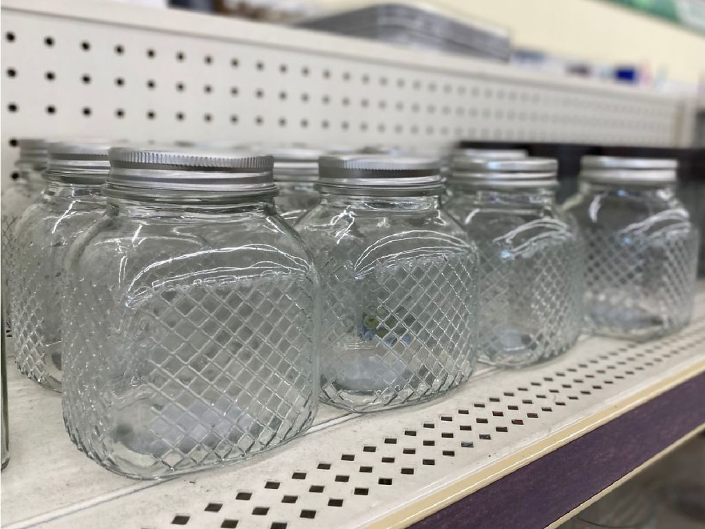glass jars on shelf at Dollar Tree