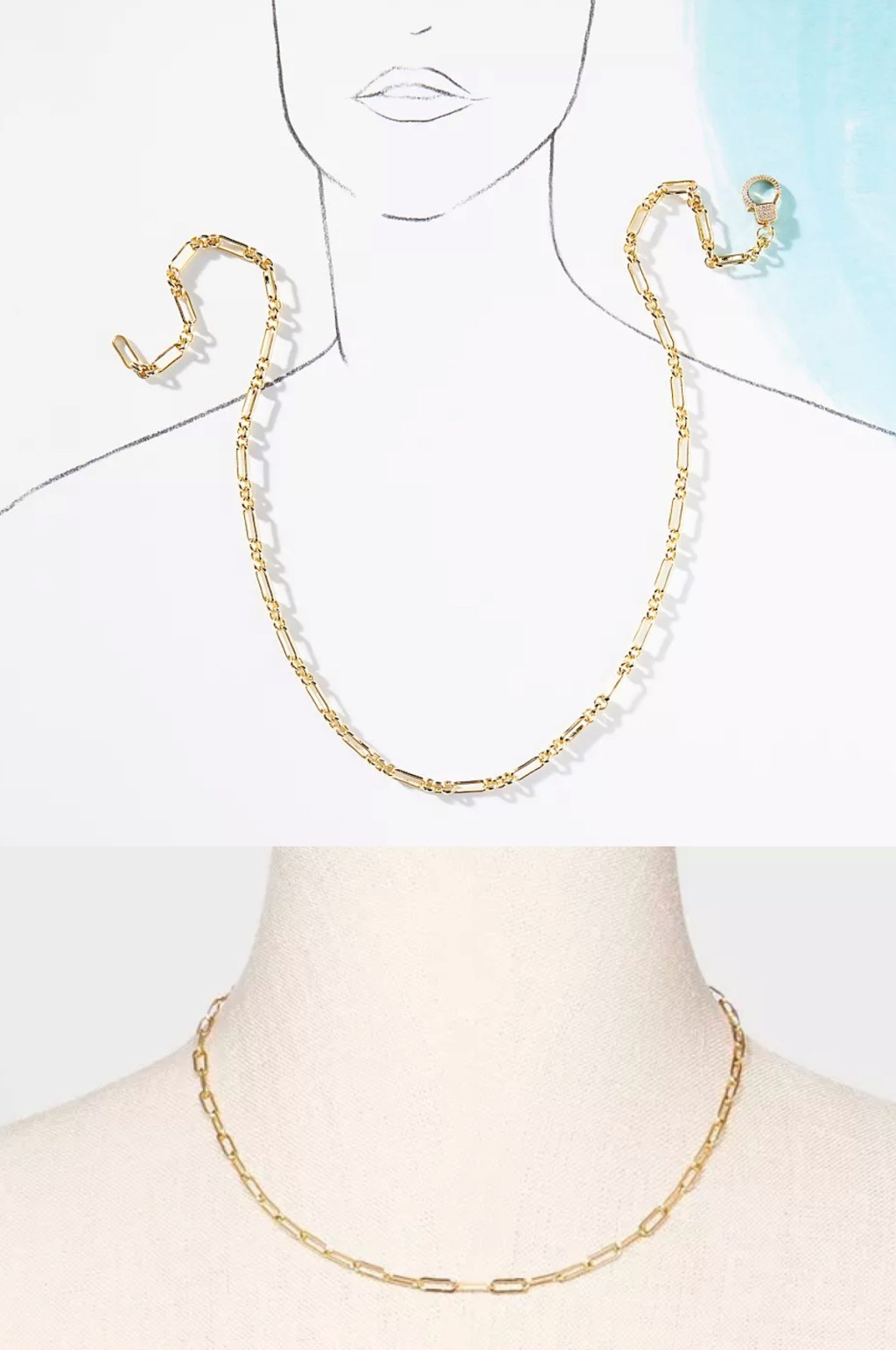 gold paperclip chain necklaces on mannequins 