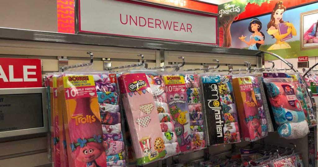 aisle of young girls undies and socks at store