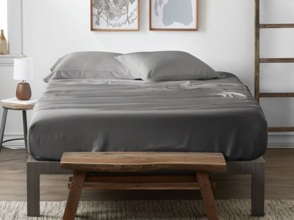 gray bamboo sheets on bed