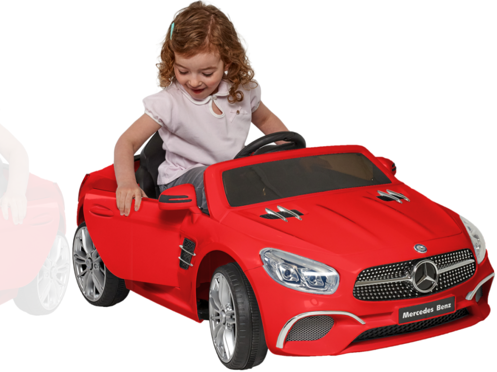 little red car with toddler in it