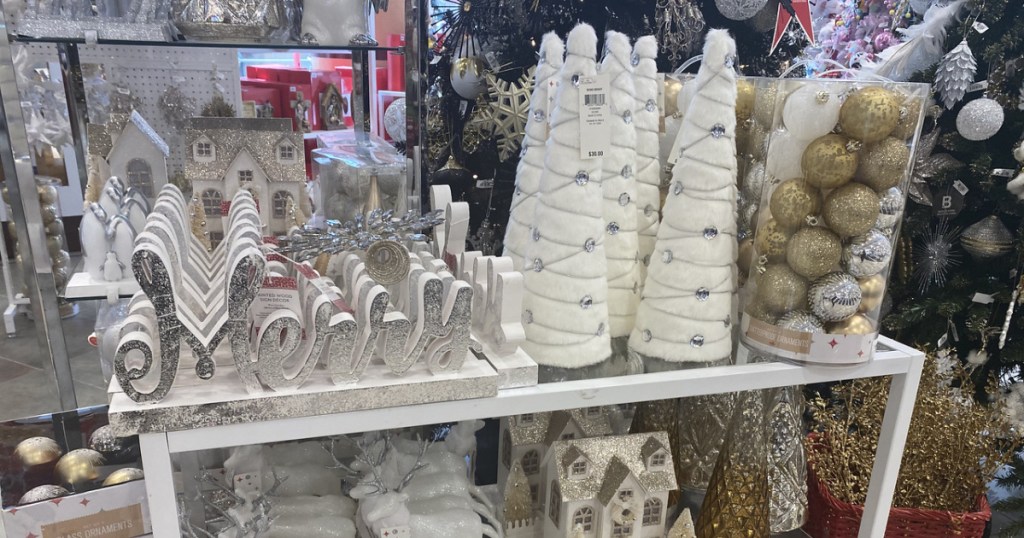 store shelves with white christmas decor
