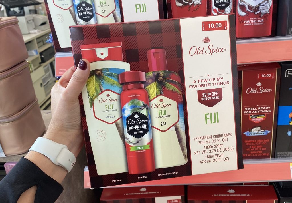old spice gift set in hand in store