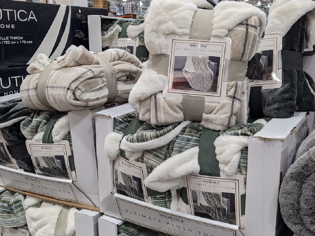 blankets stacked up in store
