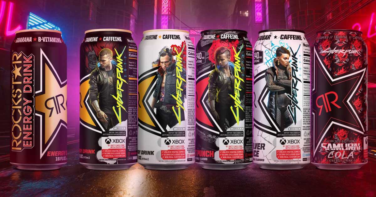 cans of cyberpunk energy drinks