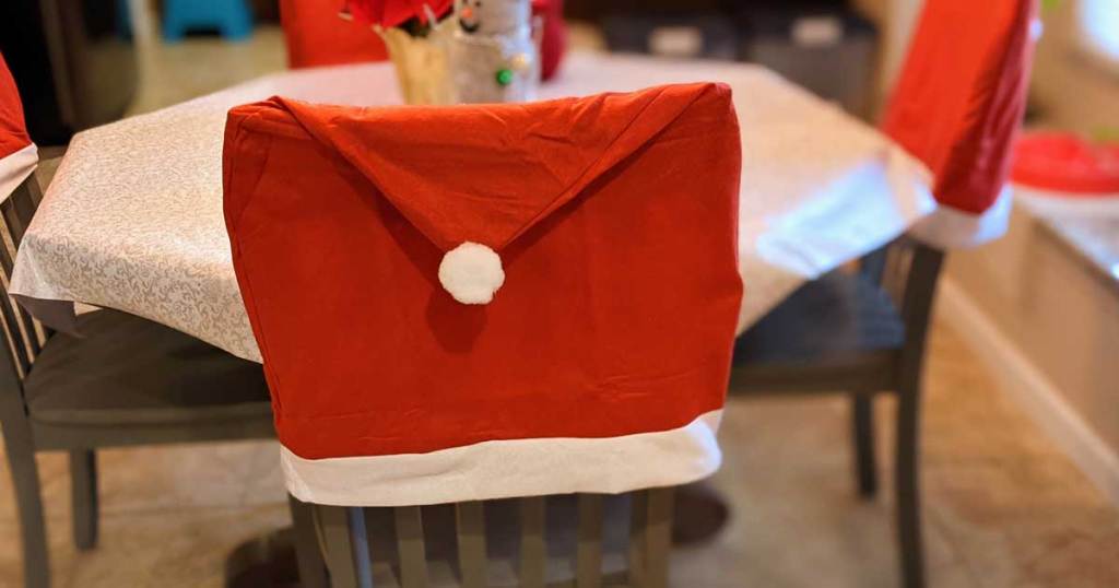 santa chair cover on chair in dining room