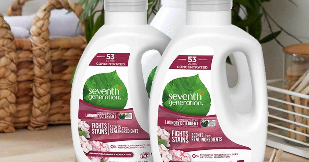 two bottles of Seventh Generation laundry detergent