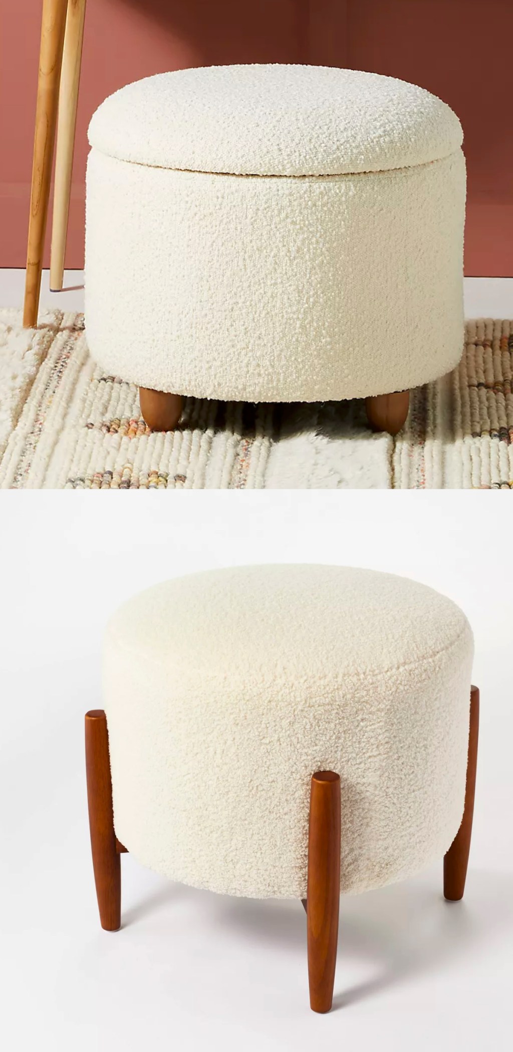 two sherpa cream ottomans with wood legs on stock photos