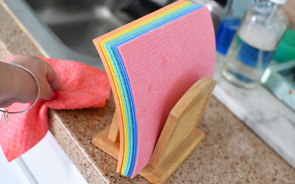 swedish dishcloths in a napkin holder on counter