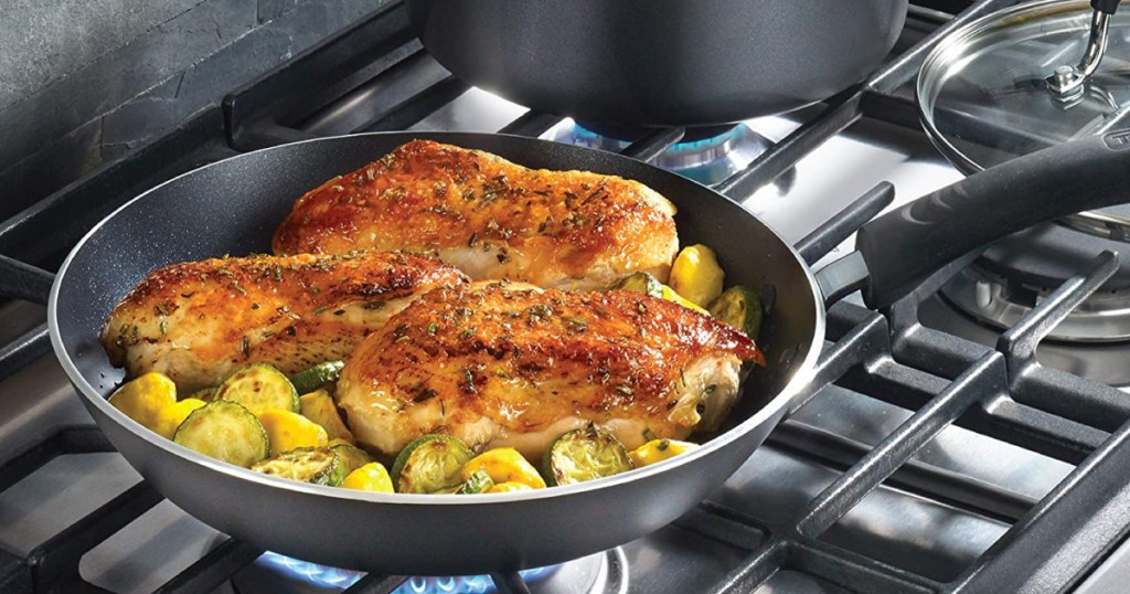 t-fal pan cooking chicken on oven