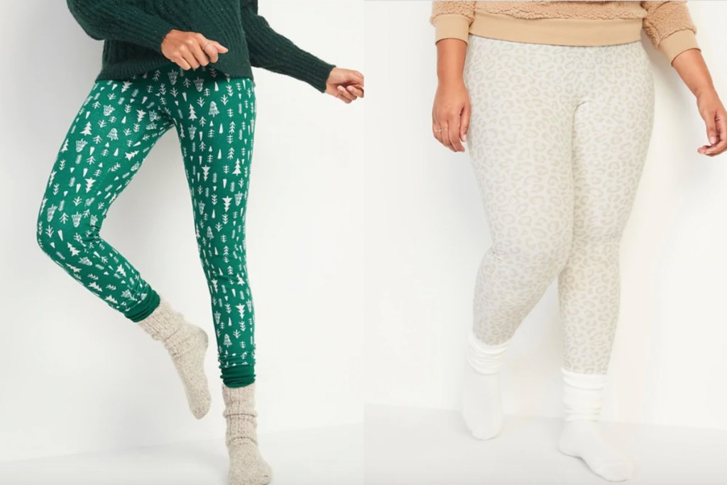 thermal leggings at old navy christmas tree print and snow leopard print