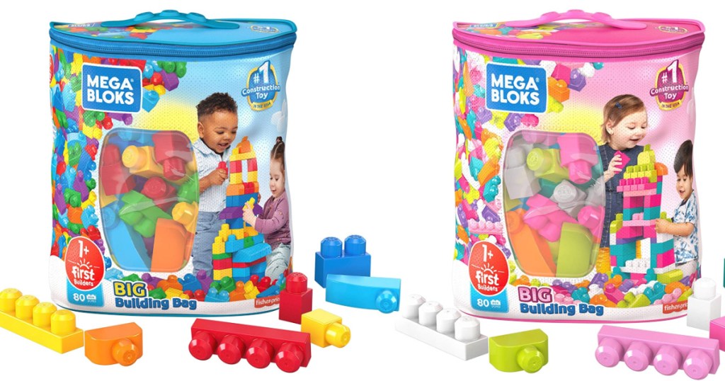 two mega bloks bags in blue or pink