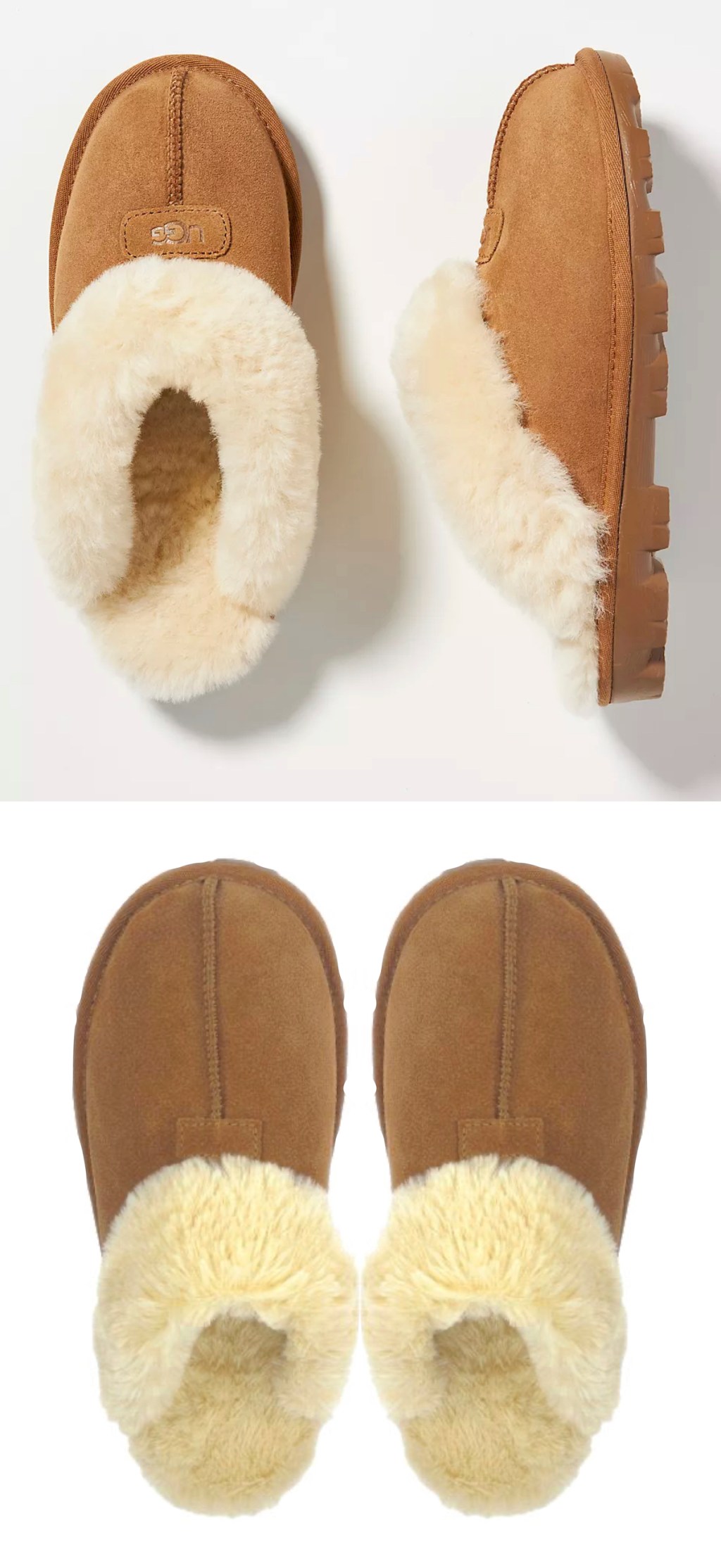 two pairs of brown and cream fur lined slippers with white backgrounds - anthropologie knockoffs
