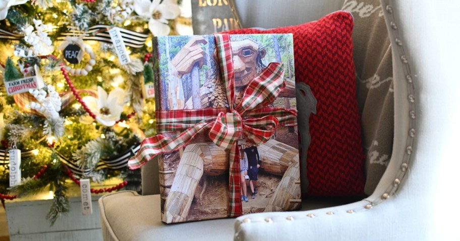 photo canvas wrapped in a holiday bow