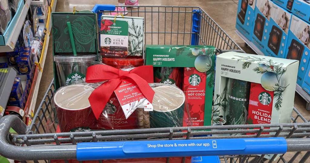 Walmart cart filled with Starbucks gift sets 