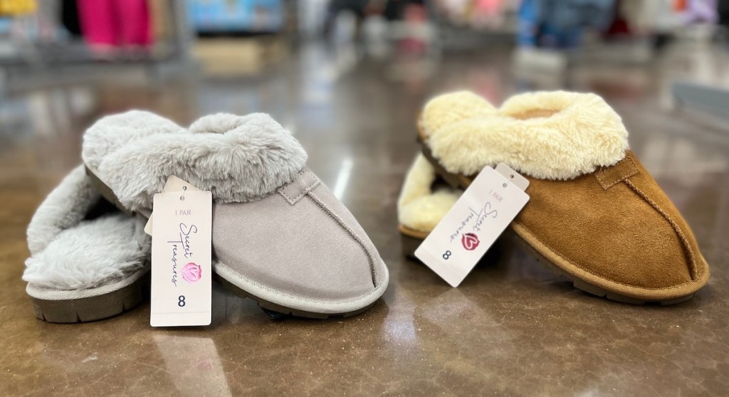 two pairs of gray and chestnut brown fur lined slippers on floor - anthropologie knockoffs