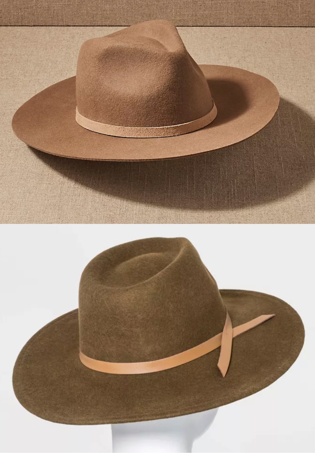 stock photos of two brown and olive colored wide brim hats - anthropologie dupes