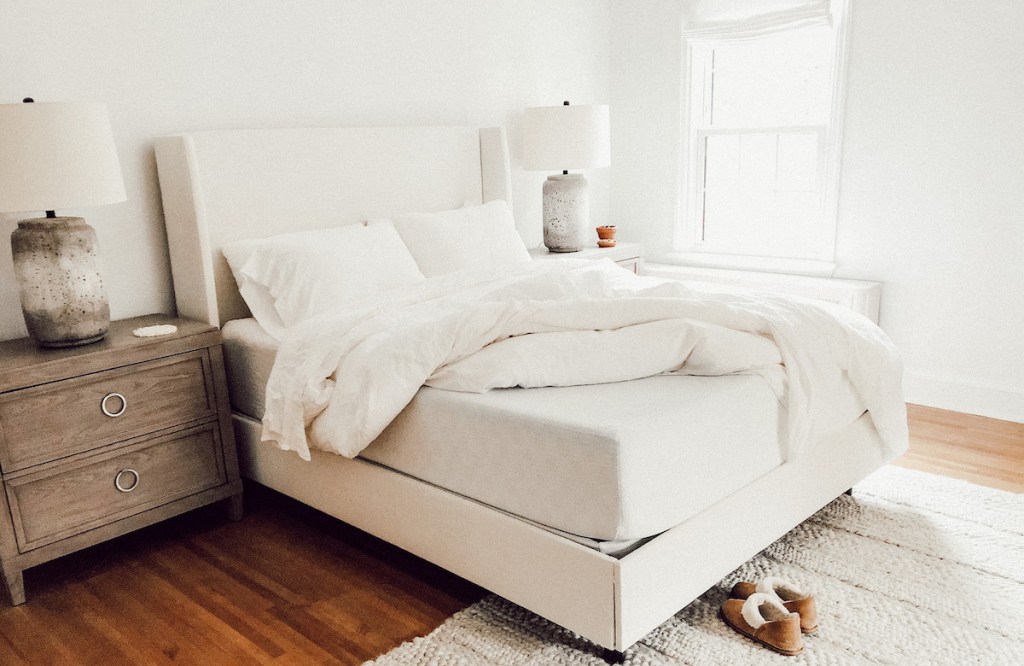 zinus mattress in bedroom with white walls