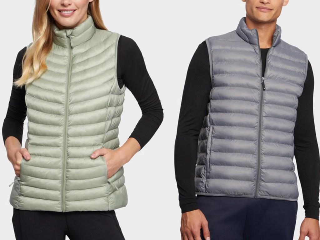 man and a woman standing next to each other wearing packable 32 degrees vests