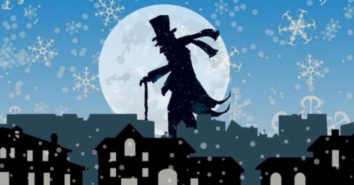 Scrooge shadow cartoon over the moon in Christmas scene