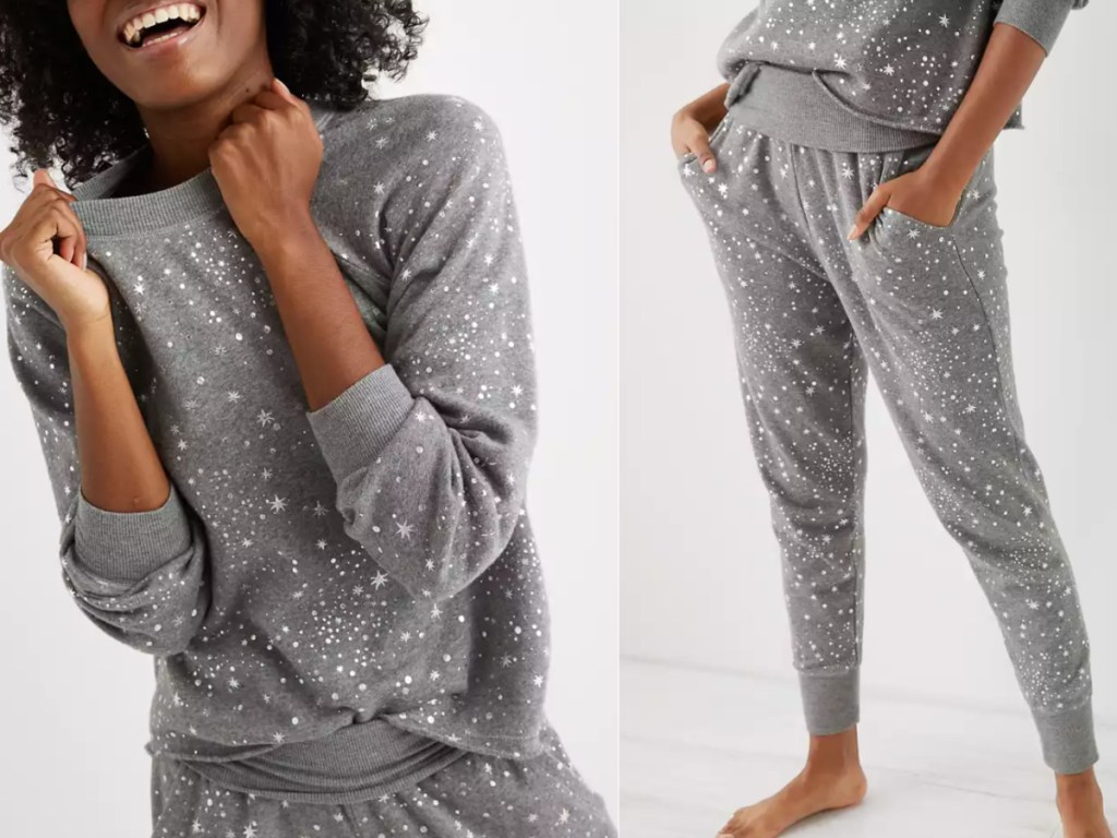 girl wearing grey cozy aerie pajamas