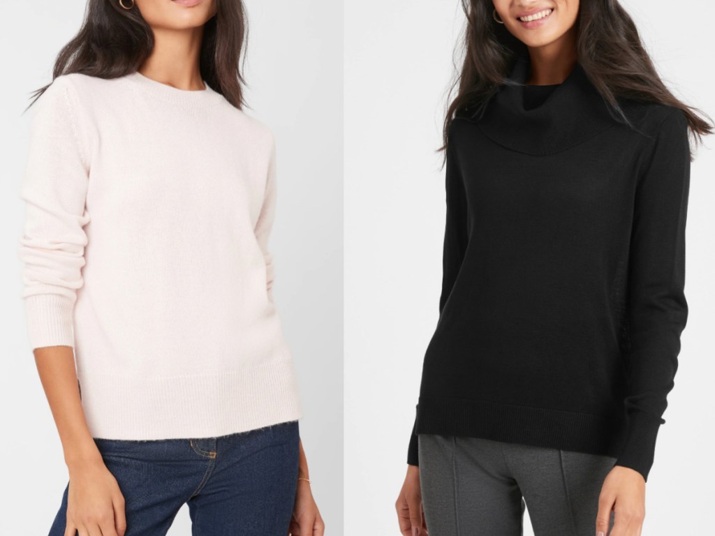 2 women standng next to each other wearing sweaters