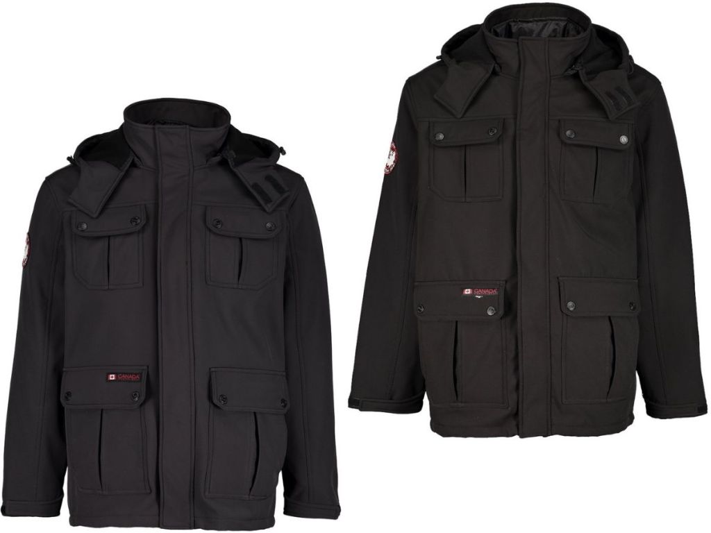 Two men's softshell jacket systems 