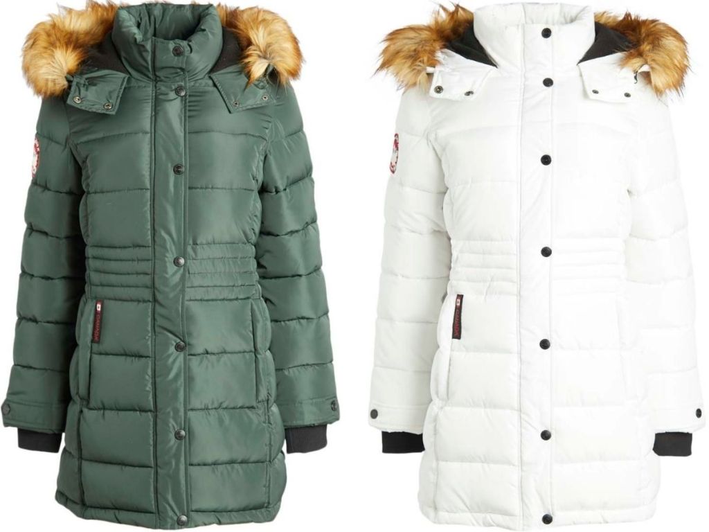Two womens winter jackets with a fur hood