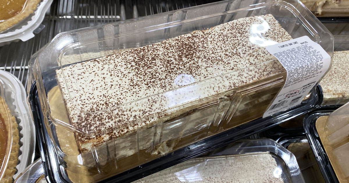 long tiramisu bar cake in plastic clamshell packaging