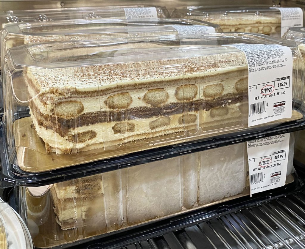 tiramisu bar cakes in plastic clamshell containers in refrigerated case at costco