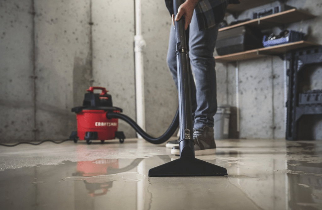 person vacuuming up water
