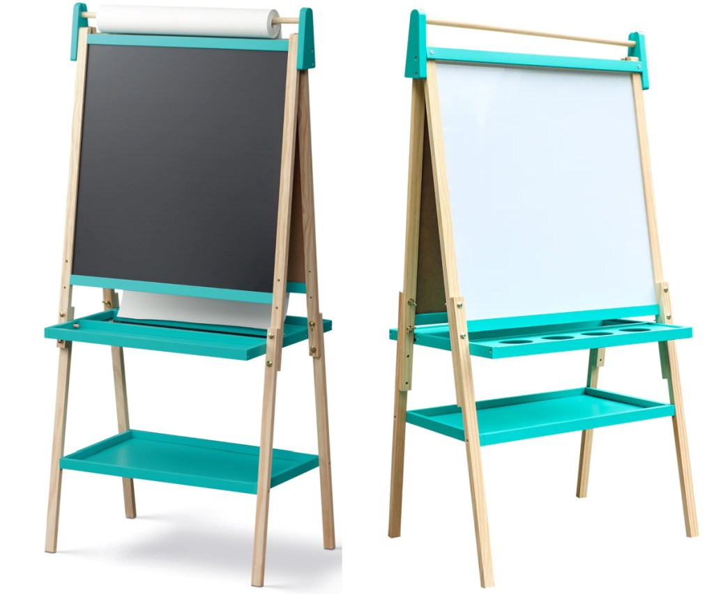 teal wooden easel with chalkboard and easel with white board