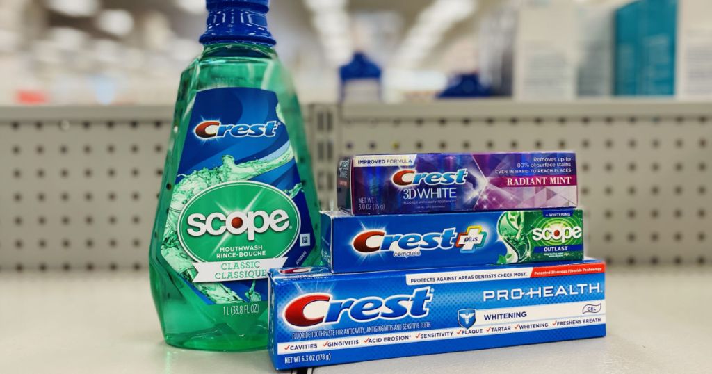 mouthwash and toothpaste on shelf