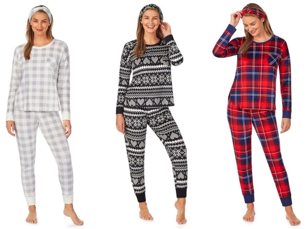 three women wearing Cuddl Duds Velour Pajama Top, Pajama Pants & Headband Set