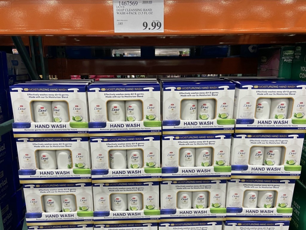 4 packs of Dove Hand Wash on display at Costco