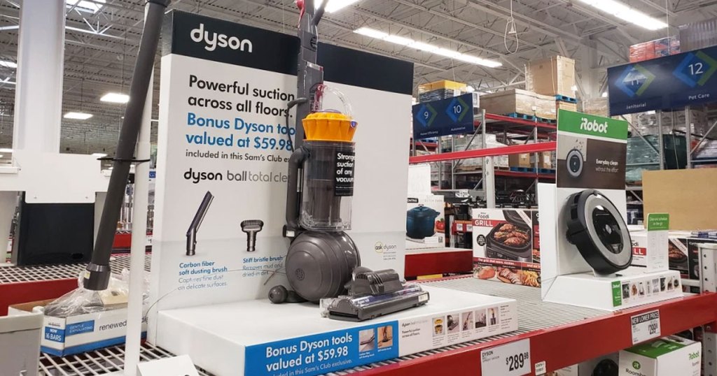 grey and yellow dyson upright ball vacuum on display at sam's club