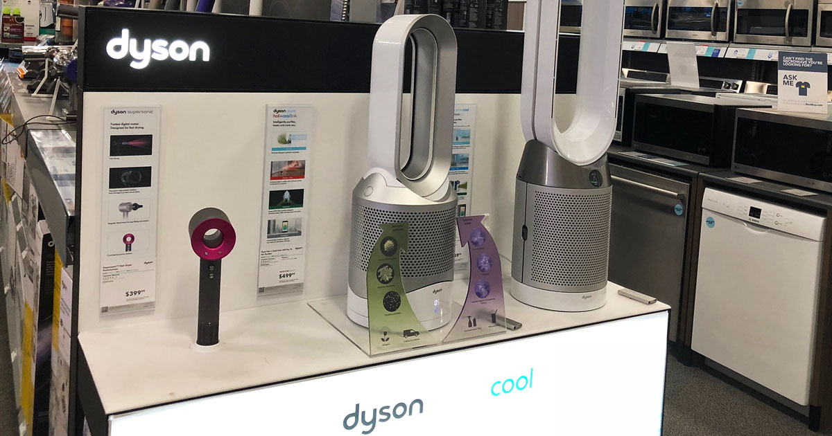 white and grey dyson air purifier fan on display at best buy