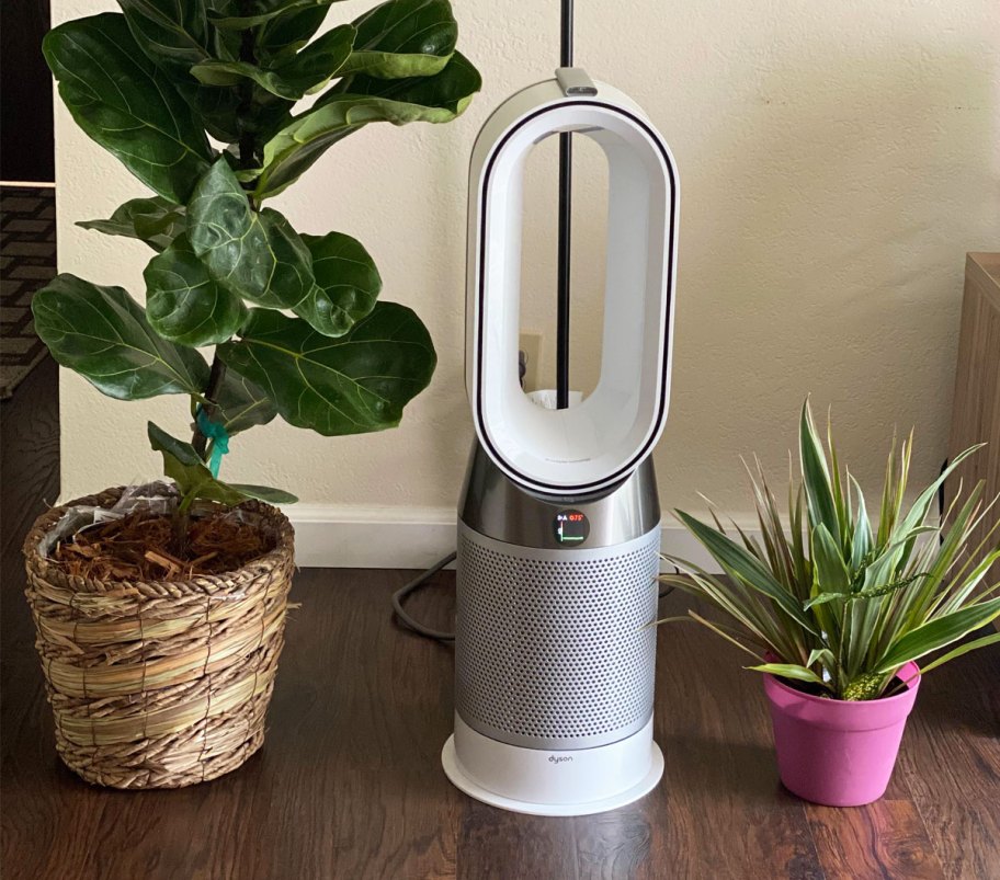 grey and white dyson tower fan next to two indoor plants