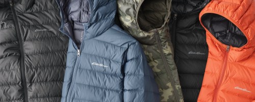 black, blue, camo, and orange hooded down jackets