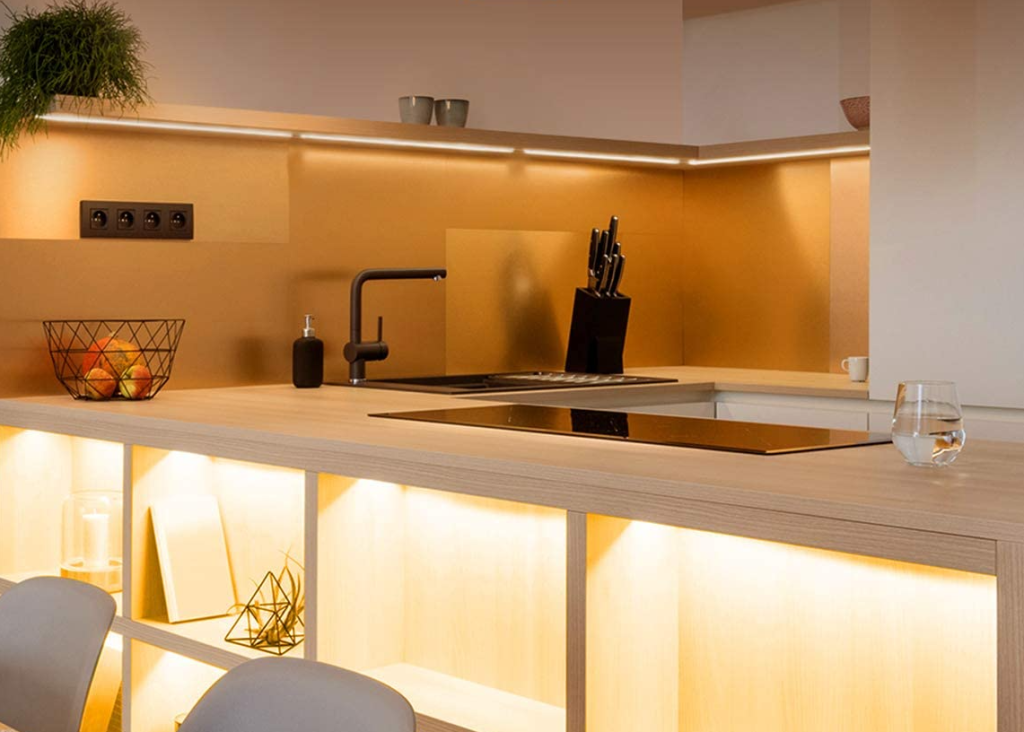 kitchen with lights under the cabinets