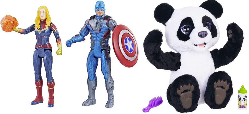 Captain America & Captain Marvel action figures and a plush fur-real panda toy