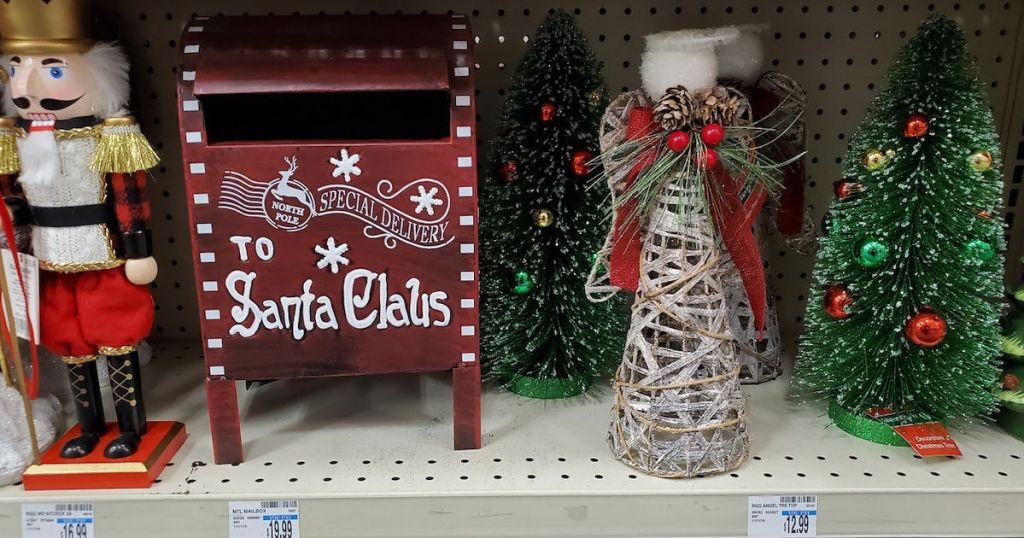 christmas tree and mailbox holiday on shelf 
