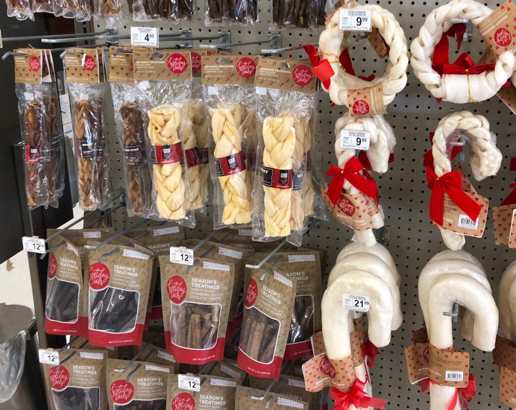 store display of holiday themed dog chews at petco