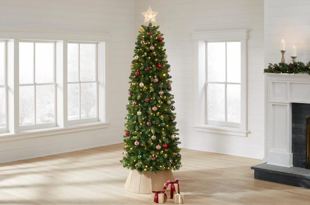 slim Christmas tree in a living room