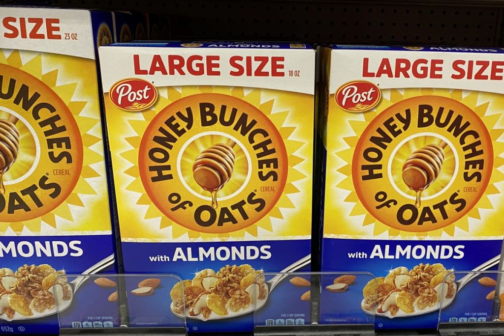 boxes of Honey Bunches of Oats on the shelf