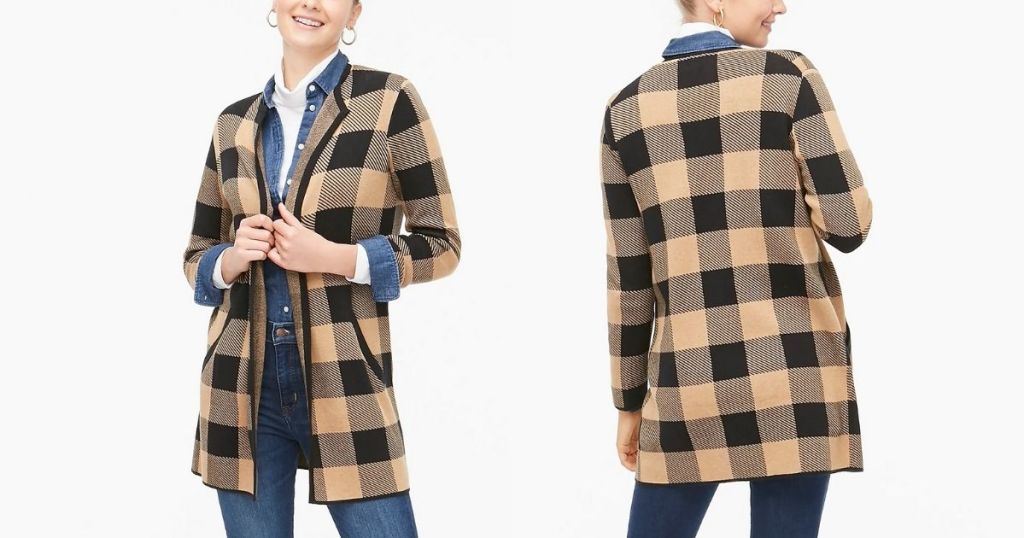 front and back of J Crew Factory Buffalo Check Sweater Jacket