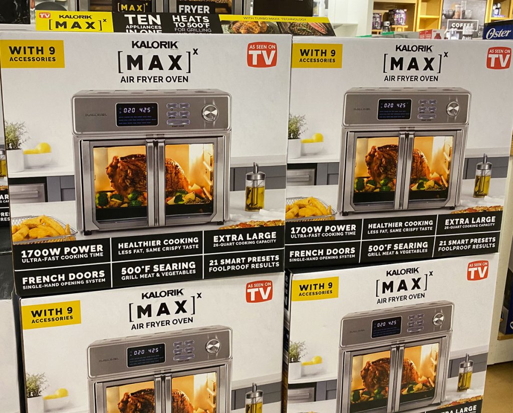 boxes of the Kalorik air fryer oven stacked on top of one another