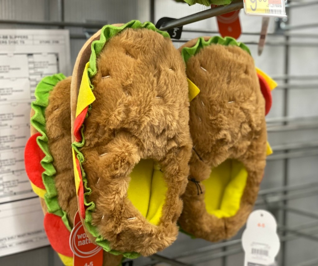 Burger themed kids slippers on display in-store