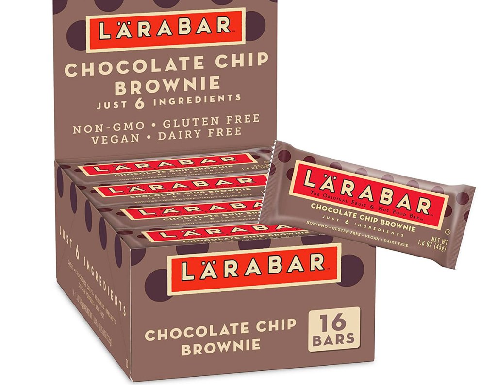 brown box of larabar chocolate chip brownie snack bars