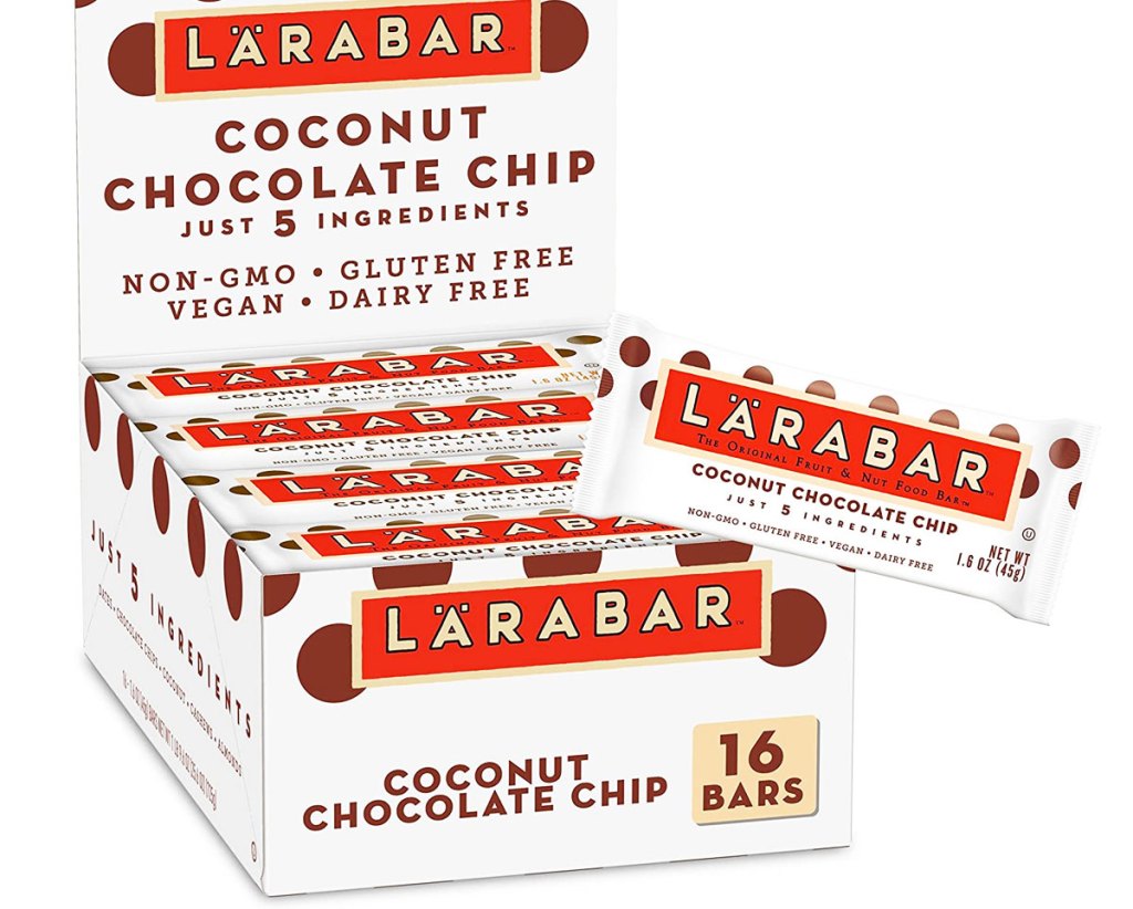 white box of larabar coconut chocolate chip snack bars